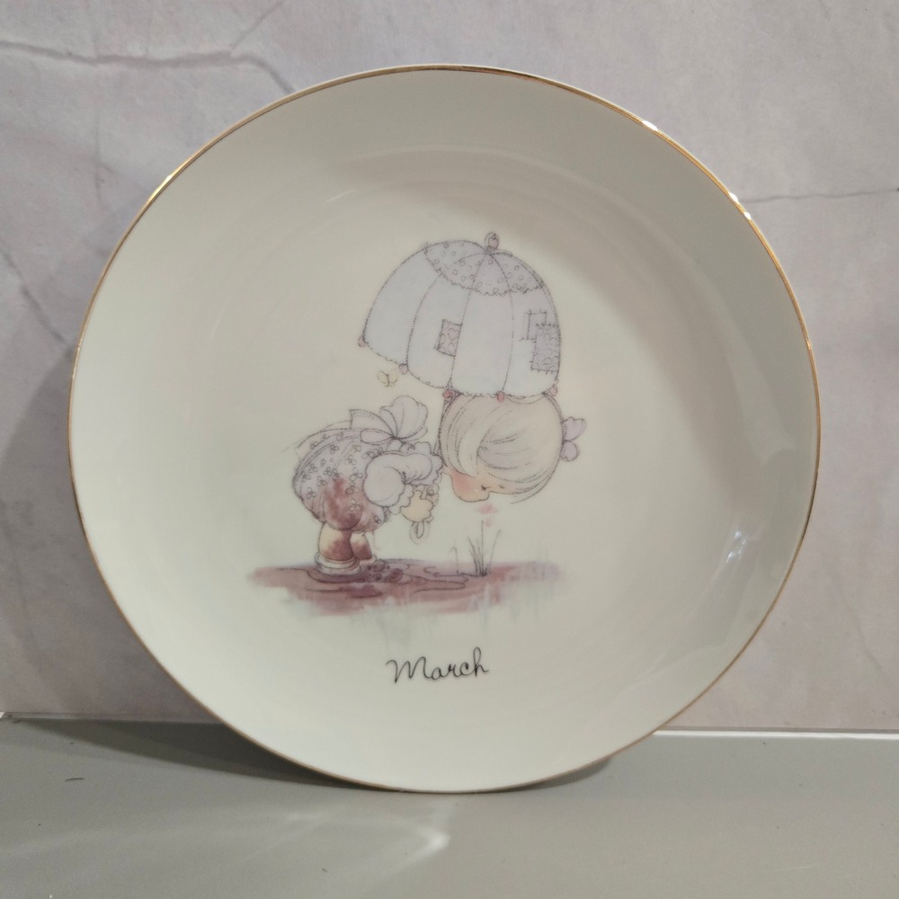 Precious Moments March Birthday Series Plate Enesco 1983 Vintage Japan Gold Rim
